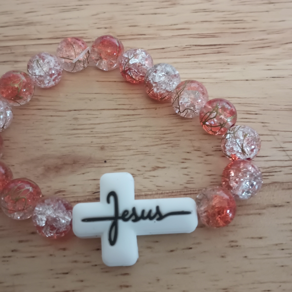 Wrist Bracelet Jesus Cross Black And White Beads Are Red And White
